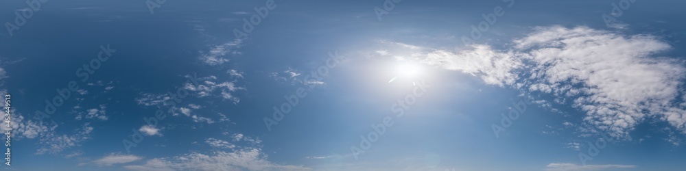 Blue sky panorama with Cirrus clouds. Seamless hdr 360 degree pano in spherical equirectangular format. Complete zenith for 3D visualization, game and sky replacement for aerial drone 360 panoramas.