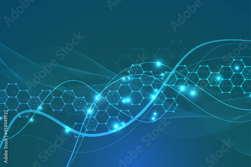 Structure molecule and communication. Dna, atom, neurons. Scientific concept for your design. Connected lines with dots. Medical, technology, chemistry, science background. Vector illustration.