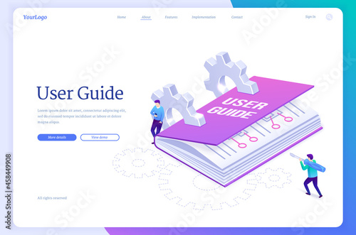 User guide isometric landing page, tiny people at huge manual book, guidance document with cogwheels, men use gadget and screwdriver. Instruction guidance booklet, tutorial help, 3d vector web banner photo