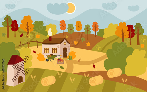 Vector landscape of an autumn village house. Cozy countryside, fields, meadows, hay, sun, clouds, garden wheelbarrow, harvesting, leaves are falling. Flat cartoon illustration.