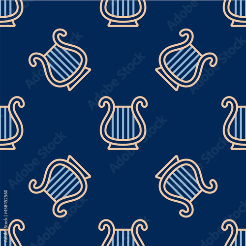 Line Ancient Greek lyre icon isolated seamless pattern on blue background. Classical music instrument, orhestra string acoustic element. Vector