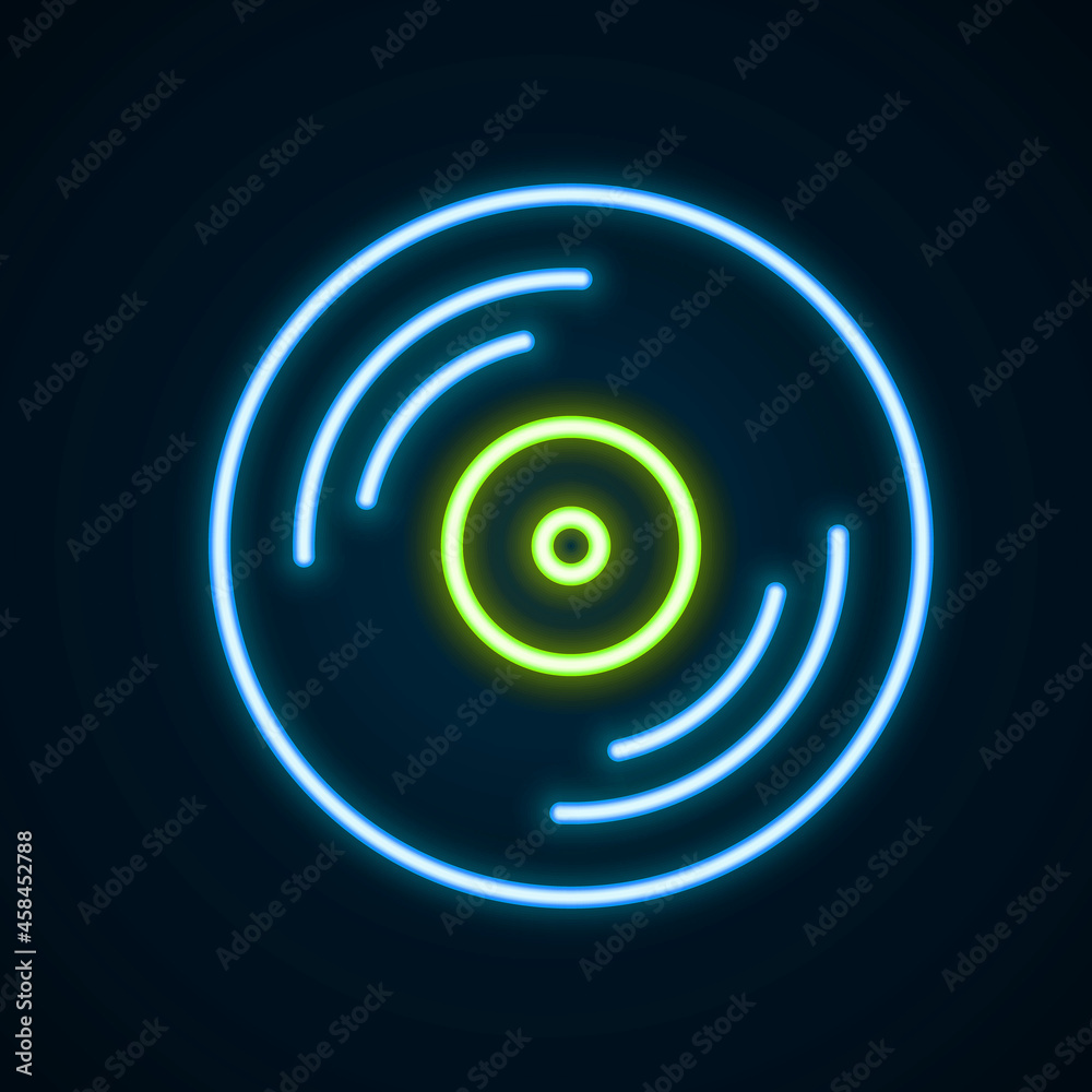Glowing neon line Vinyl disk icon isolated on black background. Colorful outline concept. Vector