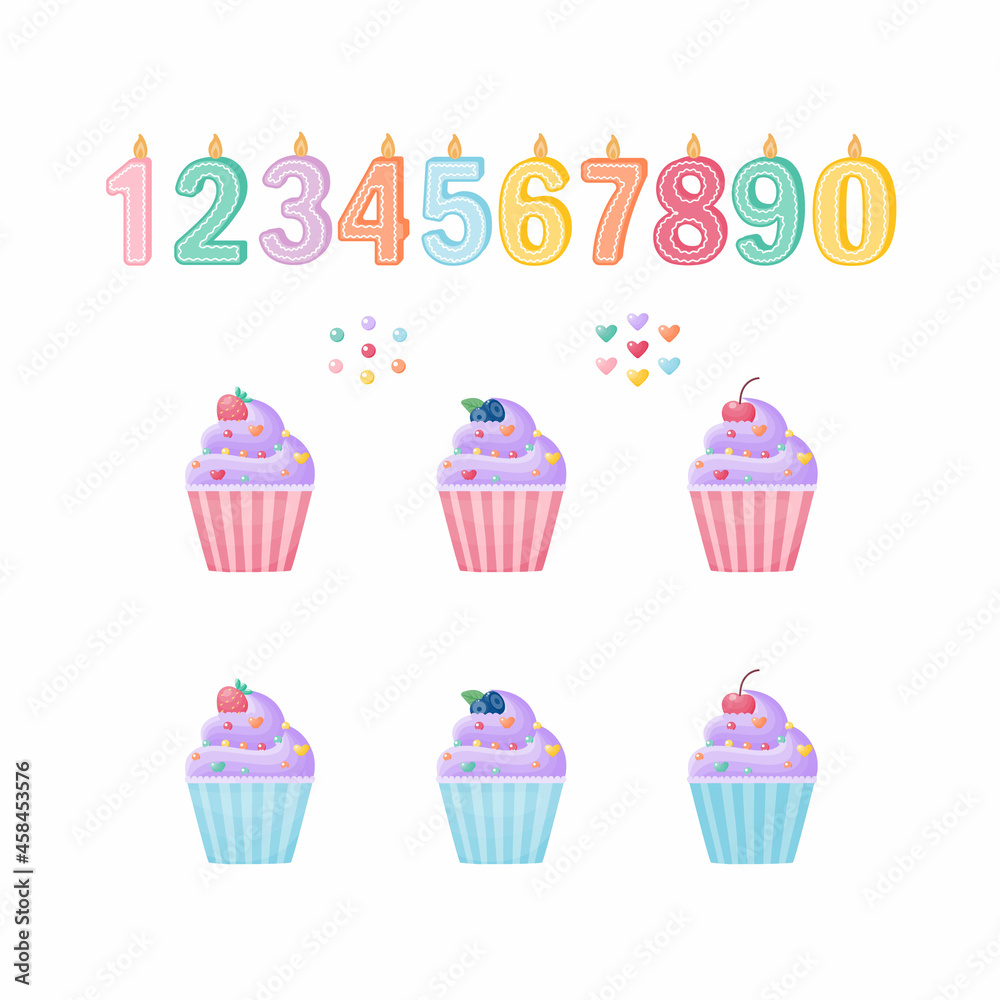 A cute set for designing cupcakes with candles, numbers and decor and blueberries, cherries and strawberries. Vector set of elements on a white background A cute set for designing cupcakes with candles, numbers and decor and blueberries, cherries and strawberries. Vector set of elements on a white background