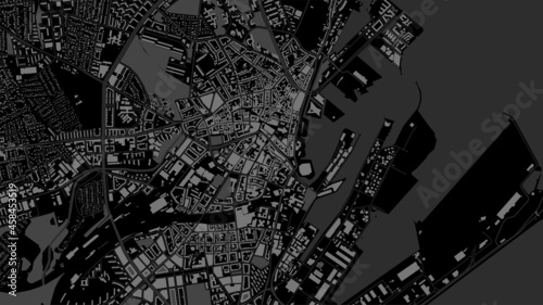 Dark black Aarhus City area vector background map, streets and water cartography illustration.