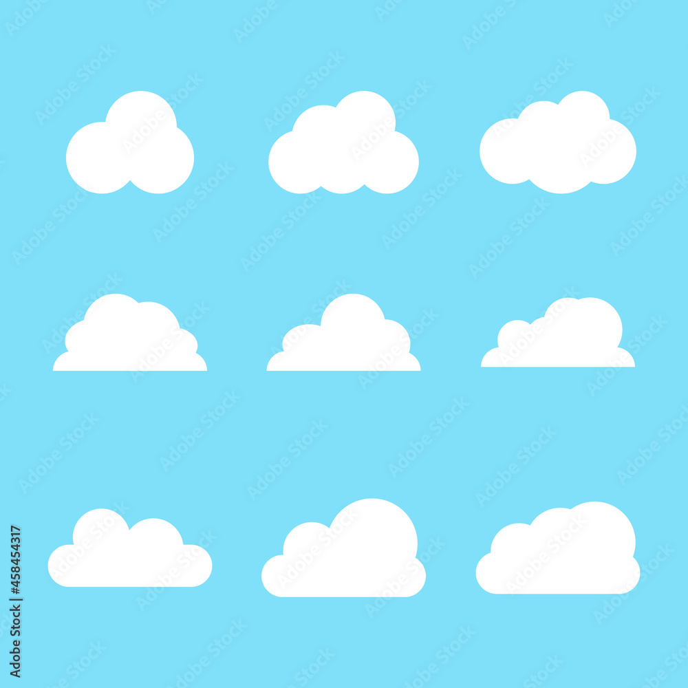 white cloud cartoon set with different shape for landscape decoration isolated on blue background 