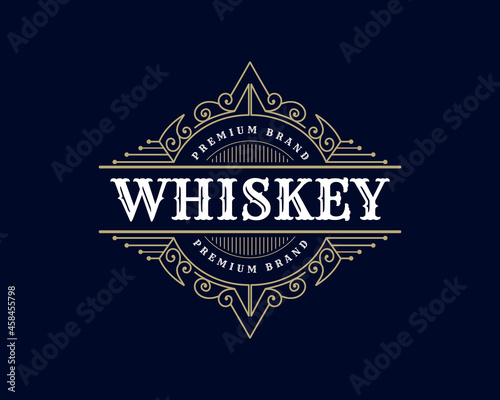 Vintage luxury royal frame labels with typography logo for beer whiskey alcohol drinks bottle box label packaging Engraving vector illustration design template