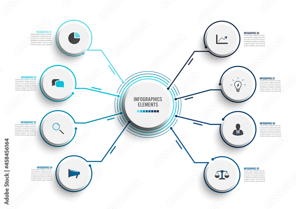 Vector infographic template with 3D paper label, integrated circles. Business concept with 8 options. For content, diagram, flowchart, steps, parts, timeline infographics, workflow, chart. Vector infographic template with 3D paper label, integrated circles. Business concept with 8 options. For content, diagram, flowchart, steps, parts, timeline infographics, workflow, chart.