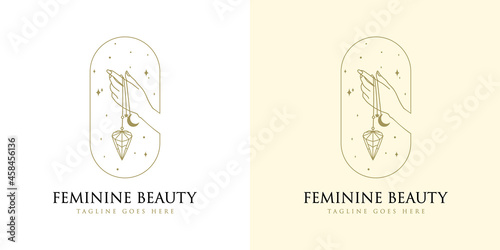 feminine Beauty boho logo collection with magical hand, nails, rose, crystal, moon, sun, star Vector illustration for icon, logo, sticker, printable and tattoo vector illustration
