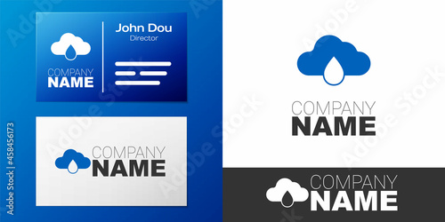 Logotype Cloud with rain icon isolated on white background. Rain cloud precipitation with rain drops. Logo design template element. Vector