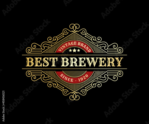 Vintage luxury royal frame labels with typography logo for beer whiskey alcohol drinks bottle box label packaging Engraving vector illustration design template