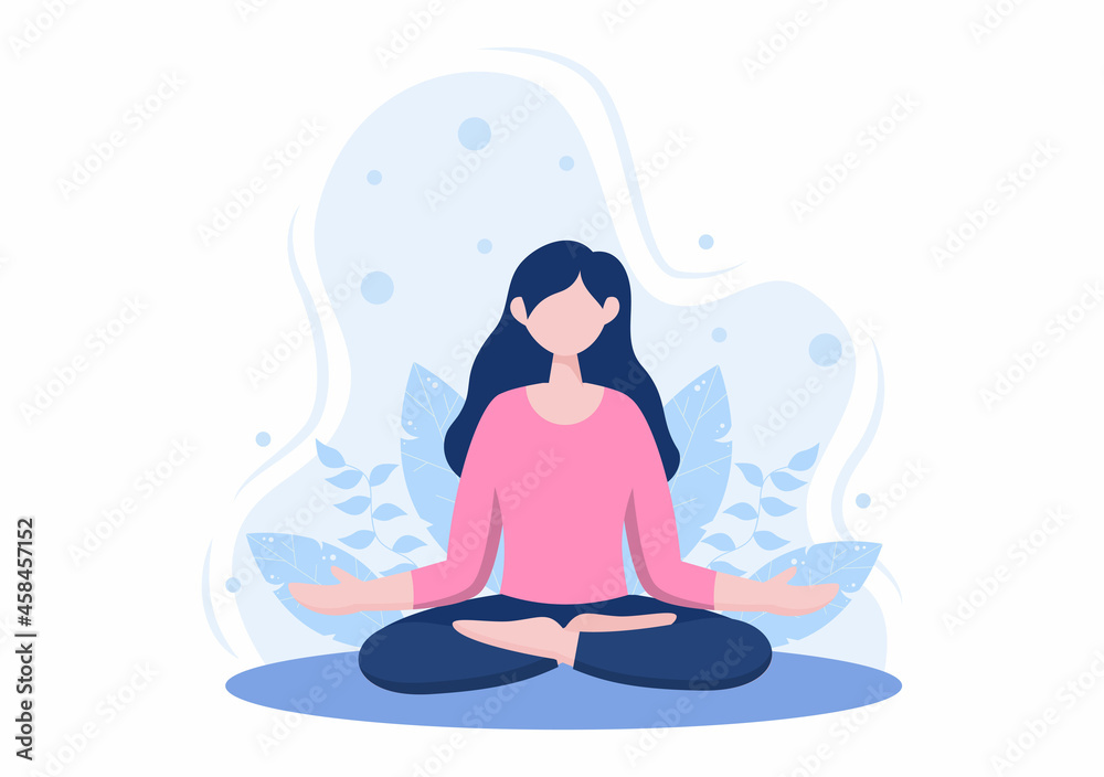 Relax or Yoga With Crossed Legs, Closed Eyes Meditating and Listening To Music at Home in Flat Cartoon Vector Illustration