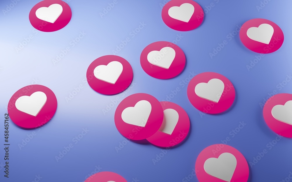 Pink Love Reaction Icons on Blue Background 3D Render