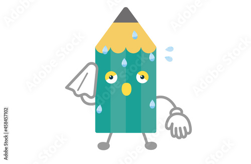 かわいい鉛筆のキャラクターが汗をかいているベクターイラスト