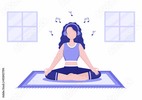 Relax or Yoga With Crossed Legs, Closed Eyes Meditating and Listening To Music at Home in Flat Cartoon Vector Illustration