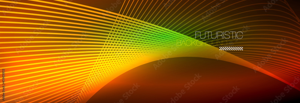 Abstract neon glowing light in the dark with waves. Shiny magic energy and motion concept, vector abstract wallpaper background Abstract neon glowing light in the dark with waves. Shiny magic energy and motion concept, vector abstract wallpaper background