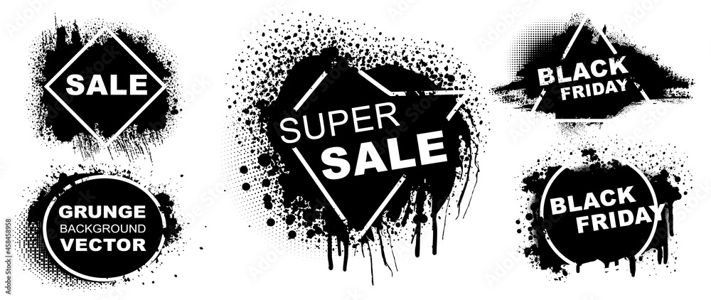 Obraz premium Set of grunge banners.Grunge backgrounds for sale. Spray Paint Vector Elements isolated on White Background, Lines and Drains Black ink splatters, Ink blots set, text frame, Street style.