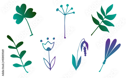 Set of abstract colored leaves and branches. Flat design. Vector illustration