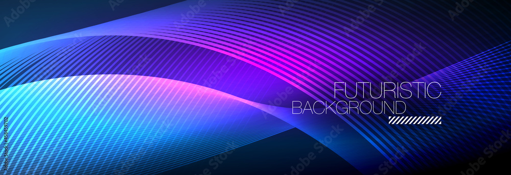Abstract neon glowing light in the dark with waves. Shiny magic energy and motion concept, vector abstract wallpaper background Abstract neon glowing light in the dark with waves. Shiny magic energy and motion concept, vector abstract wallpaper background