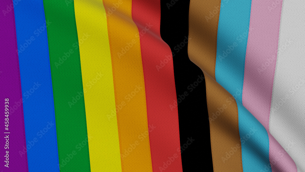 Obraz premium Progress Pride flag with rainbow stripes, black and brown stripes, and trans colors, waving in the wind