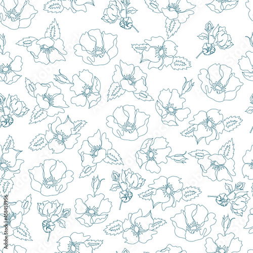 vector seamless pattern contour floral  with opened leaves and buds on a contrasting background . Botanical illustration for fabrics  textiles  wallpapers  papers  backgrounds.