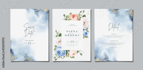 wedding invitation card template with watercolor and beautiful floral