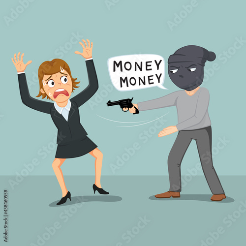 Robber stealing money from woman and threting with gun, Rob the money,Vector illustration