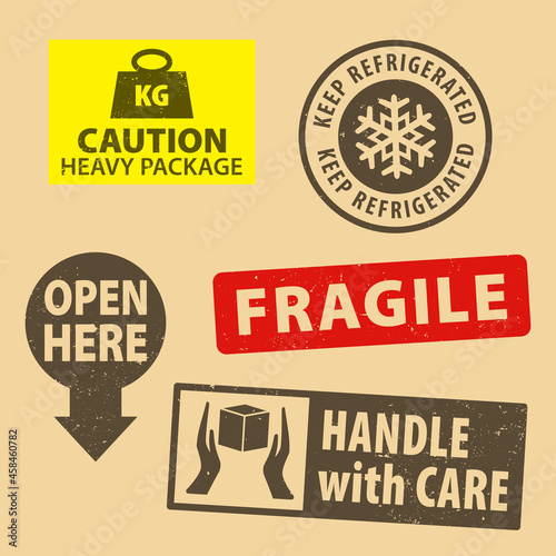 Set of fragile sticker handle with care and case icon packaging symbols sign, keep refrigerated, open here rubber stamp on cardboard background, vector illustration. Use on package.