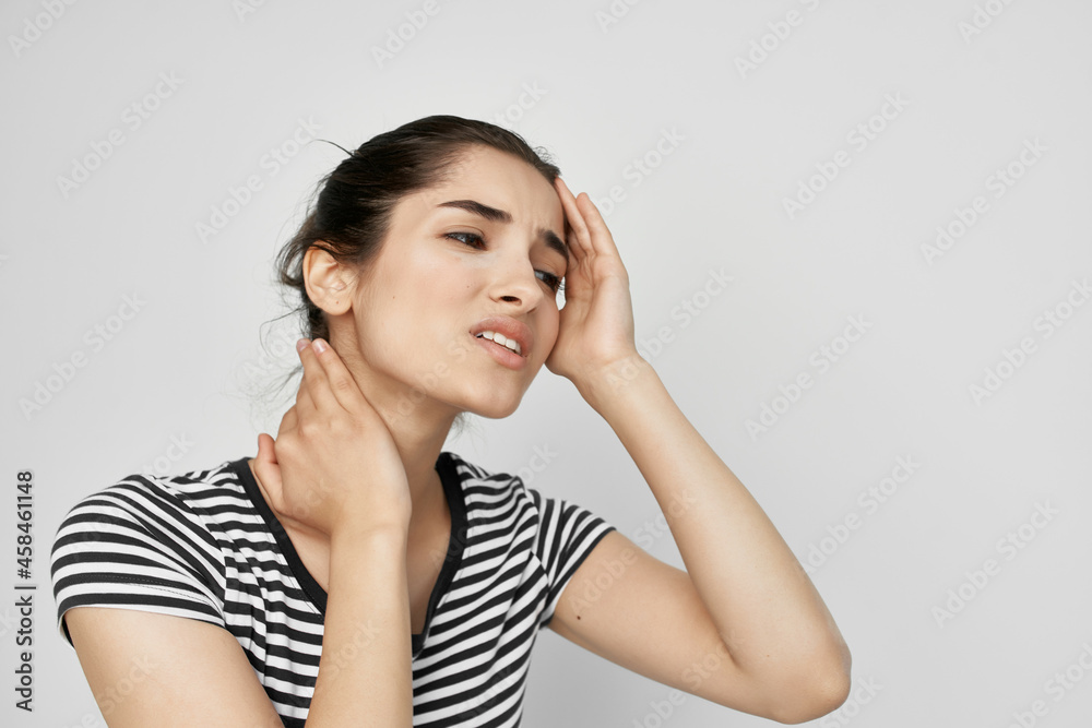 sick woman holding his head migraine depression light background sick woman holding his head migraine depression light background
