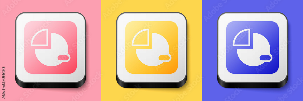 Isometric Pie chart infographic icon isolated on pink, yellow and blue background. Diagram chart sign. Square button. Vector Isometric Pie chart infographic icon isolated on pink, yellow and blue background. Diagram chart sign. Square button. Vector
