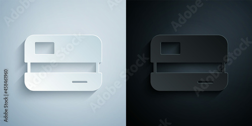 Paper cut Credit card icon isolated on grey and black background. Online payment. Cash withdrawal. Financial operations. Shopping sign. Paper art style. Vector