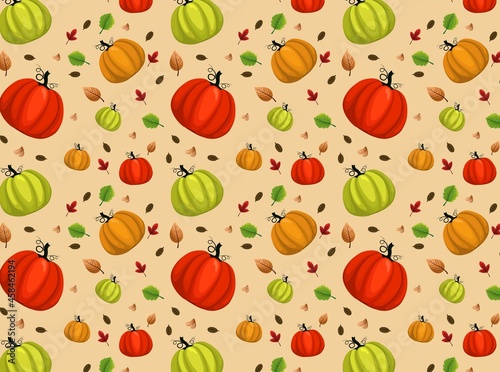 A pattern with pumpkins and autumn leaves for Thanksgiving. Autumn pattern. Vector illustration.