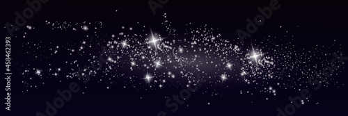 Milky way wide banner. Space background with white stars. Starry night design. Stardust or glitter texture. Constellation backdrop for web, app or poster. © luda
