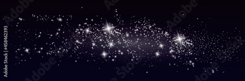 Milky way wide banner. Space background with white stars. Starry night design. Stardust or glitter texture. Constellation backdrop for web, app or poster.
