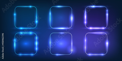 Set of six neon frames with shining effects
