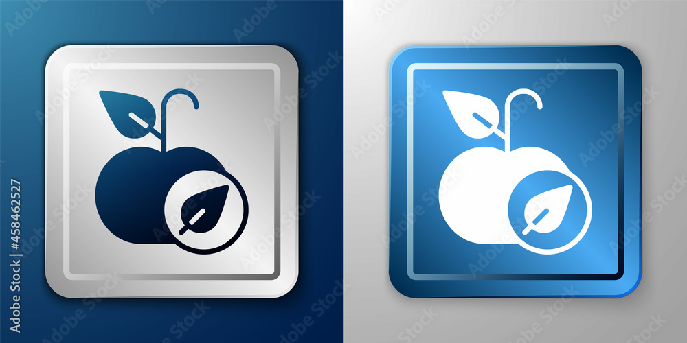 White Apple icon isolated on blue and grey background. Excess weight. Healthy diet menu. Fitness diet apple. Silver and blue square button. Vector
