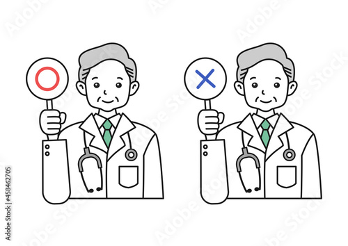 正解と不正解を示すの医者（年配の男性）のイラスト