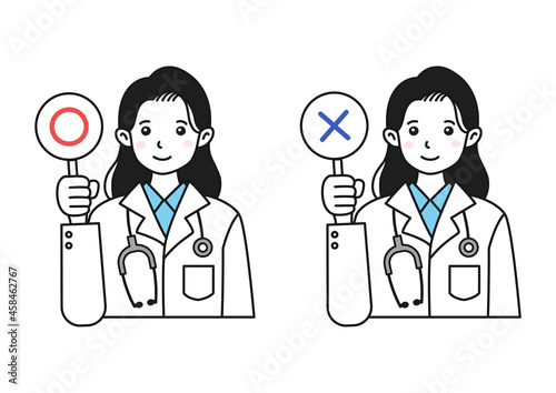 正解と不正解を示すの医者（女性）のイラスト