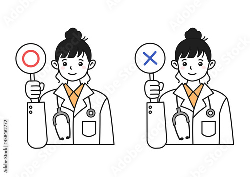 正解と不正解を示すの医者（女性）のイラスト