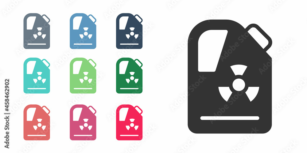 Black Radioactive waste in barrel icon isolated on white background. Toxic refuse keg. Radioactive garbage emissions, environmental pollution. Set icons colorful. Vector Black Radioactive waste in barrel icon isolated on white background. Toxic refuse keg. Radioactive garbage emissions, environmental pollution. Set icons colorful. Vector