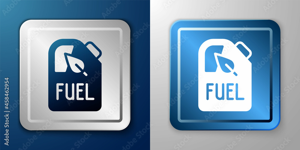 White Bio fuel canister icon isolated on blue and grey background. Eco bio and barrel. Green environment and recycle. Silver and blue square button. Vector White Bio fuel canister icon isolated on blue and grey background. Eco bio and barrel. Green environment and recycle. Silver and blue square button. Vector