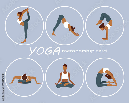 Yoga membership card. Yoga class.  Exercise, stretching . Wellness training in flat vector illustration.