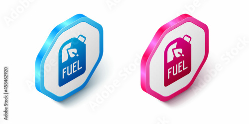 Isometric Bio fuel canister icon isolated on white background. Eco bio and barrel. Green environment and recycle. Hexagon button. Vector