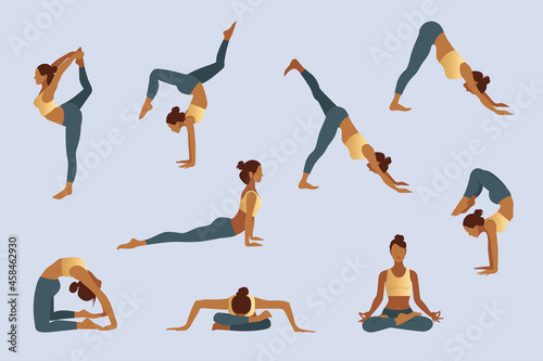 Yoga poses . Yoga class.  Exercise, stretching . Wellness training in flat vector illustration.