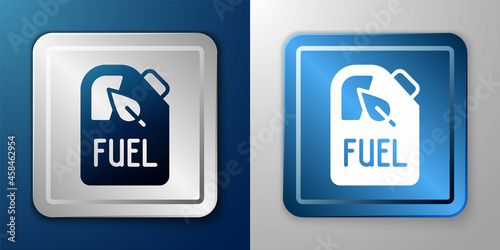 White Bio fuel canister icon isolated on blue and grey background. Eco bio and barrel. Green environment and recycle. Silver and blue square button. Vector