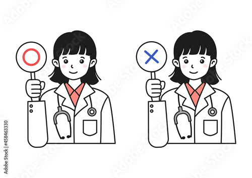 正解と不正解を示すの医者（女性）のイラスト