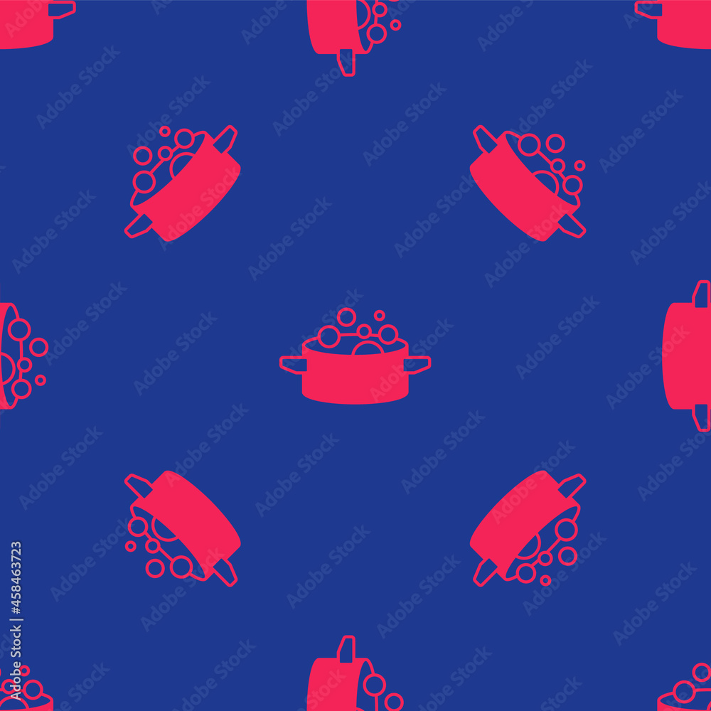 Red Cooking pot icon isolated seamless pattern on blue background. Boil or stew food symbol. Vector Red Cooking pot icon isolated seamless pattern on blue background. Boil or stew food symbol. Vector