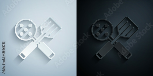 Paper cut Spatula icon isolated on grey and black background. Kitchen spatula icon. BBQ spatula sign. Barbecue and grill tool. Paper art style. Vector