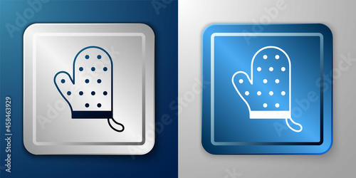 White Oven glove icon isolated on blue and grey background. Kitchen potholder sign. Cooking glove. Silver and blue square button. Vector
