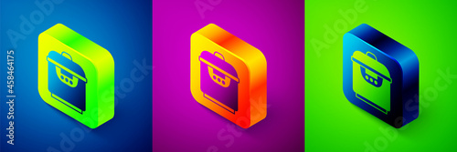Isometric Slow cooker icon isolated on blue, purple and green background. Electric pan. Square button. Vector