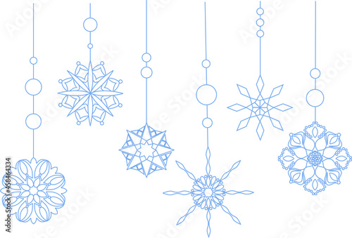 Frozen silhouettes of beautiful crystal snowflakes. Christmas and New Year elements. A garland of snowflakes. Vector illustration.